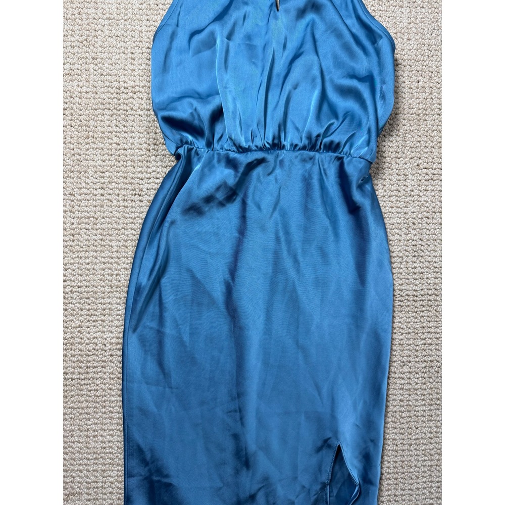 Showpo Kiarra Norman Halter Dress Satin Blue Size 2 Party Split Hem Cut V-Neck - Picture 3 of 9